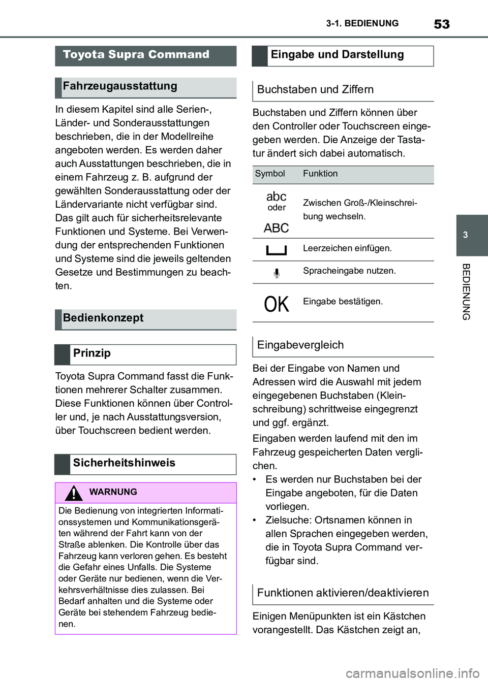 TOYOTA SUPRA 2021 Betriebsanleitungen (in German) 53
3 3-1. BEDIENUNG
BEDIENUNG
Supra Owners Manual_M (from Nov. 20 Prod.)In diesem Kapitel sind alle Serien-,
Länder- und Sonderausstattungen
beschrieben, die in der Modellreihe
angeboten werden. TOYOTA SUPRA 2021 Betriebsanleitungen (in German) 53
3 3-1. BEDIENUNG
BEDIENUNG
Supra Owners Manual_M (from Nov. 20 Prod.)In diesem Kapitel sind alle Serien-,
Länder- und Sonderausstattungen
beschrieben, die in der Modellreihe
angeboten werden.