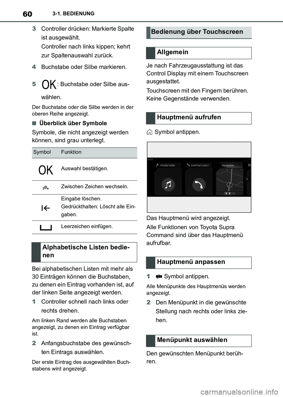 TOYOTA SUPRA 2021 Betriebsanleitungen (in German) 603-1. BEDIENUNG
Supra Owners Manual_M (from Nov. 20 Prod.)3Controller drücken: Markierte Spalte
ist ausgewählt.
Controller nach links kippen; kehrt
zur Spaltenauswahl zurück.
4Buchstabe oder S TOYOTA SUPRA 2021 Betriebsanleitungen (in German) 603-1. BEDIENUNG
Supra Owners Manual_M (from Nov. 20 Prod.)3Controller drücken: Markierte Spalte
ist ausgewählt.
Controller nach links kippen; kehrt
zur Spaltenauswahl zurück.
4Buchstabe oder S