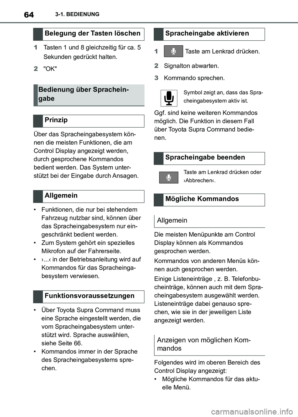 TOYOTA SUPRA 2021 Betriebsanleitungen (in German) 643-1. BEDIENUNG
Supra Owners Manual_M (from Nov. 20 Prod.)1Tasten 1 und 8 gleichzeitig für ca. 5
Sekunden gedrückt halten.
2"OK"
Über das Spracheingabesystem kön-
nen die meisten Funktionen, d TOYOTA SUPRA 2021 Betriebsanleitungen (in German) 643-1. BEDIENUNG
Supra Owners Manual_M (from Nov. 20 Prod.)1Tasten 1 und 8 gleichzeitig für ca. 5
Sekunden gedrückt halten.
2"OK"
Über das Spracheingabesystem kön-
nen die meisten Funktionen, d