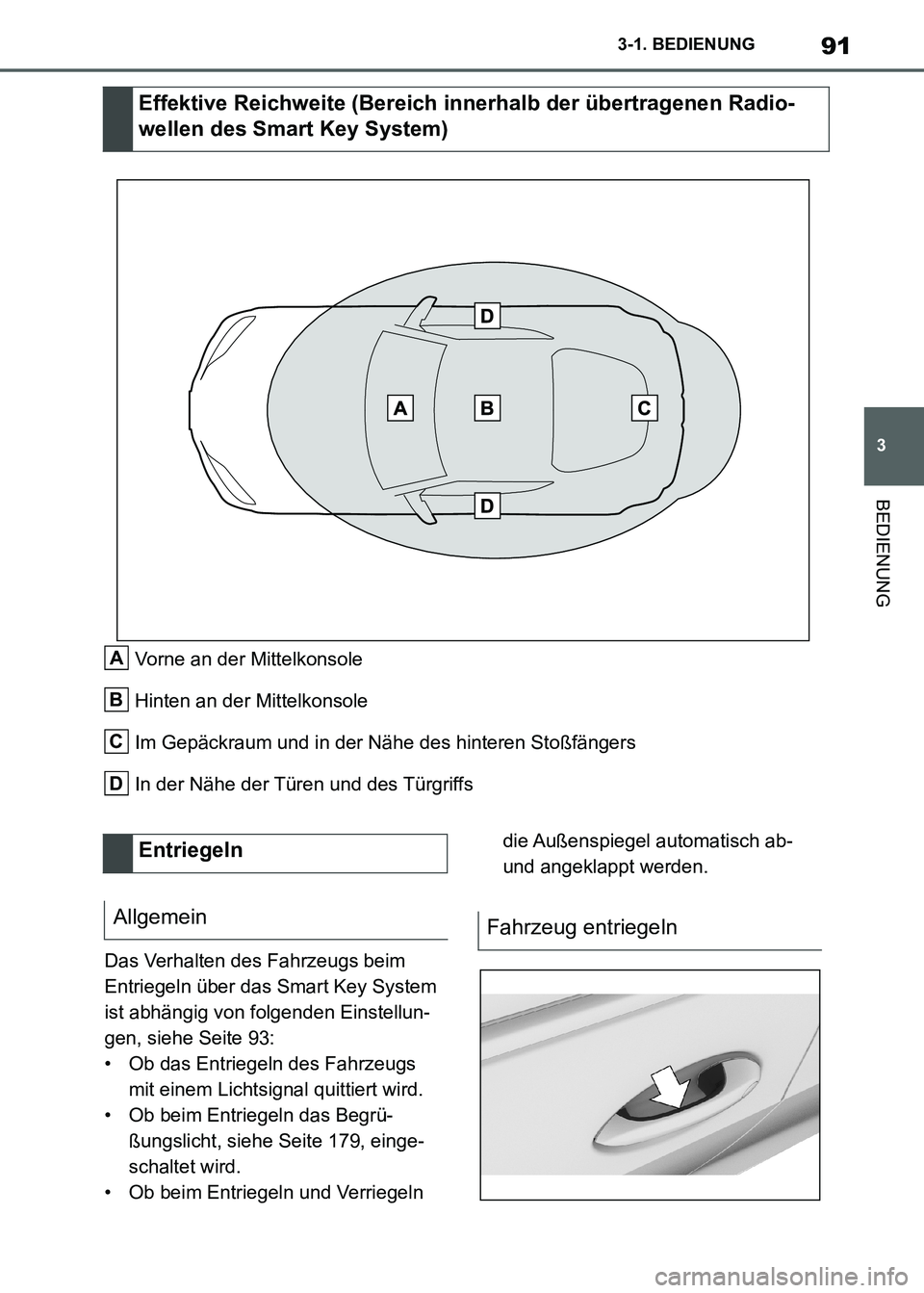 TOYOTA SUPRA 2021 Betriebsanleitungen (in German) 91
3 3-1. BEDIENUNG
BEDIENUNG
Supra Owners Manual_M (from Nov. 20 Prod.)Vorne an der Mittelkonsole
Hinten an der Mittelkonsole
Im Gepäckraum und in der Nähe des hinteren Stoßfängers
In der Nähe TOYOTA SUPRA 2021 Betriebsanleitungen (in German) 91
3 3-1. BEDIENUNG
BEDIENUNG
Supra Owners Manual_M (from Nov. 20 Prod.)Vorne an der Mittelkonsole
Hinten an der Mittelkonsole
Im Gepäckraum und in der Nähe des hinteren Stoßfängers
In der Nähe