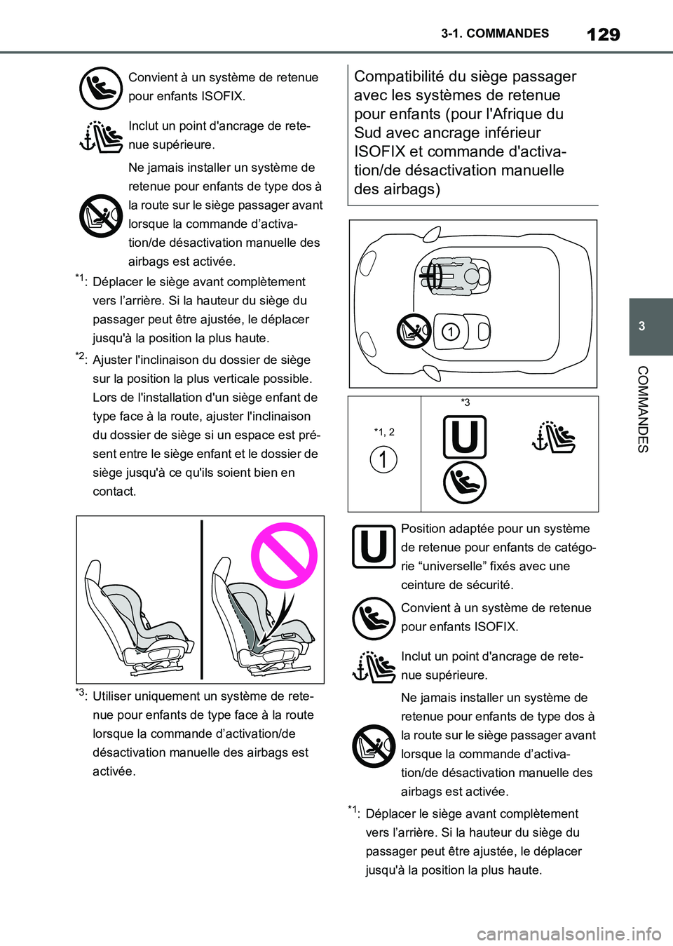 TOYOTA SUPRA 2021 Notices Demploi (in French) 129
3 3-1. COMMANDES
COMMANDES
Supra Owners Manual_K (from Nov. 20 Prod.)
*1: Déplacer le siège avant complètement
vers l’arrière. Si la hauteur du siège du
passager peut être ajustée, le TOYOTA SUPRA 2021 Notices Demploi (in French) 129
3 3-1. COMMANDES
COMMANDES
Supra Owners Manual_K (from Nov. 20 Prod.)
*1: Déplacer le siège avant complètement
vers l’arrière. Si la hauteur du siège du
passager peut être ajustée, le