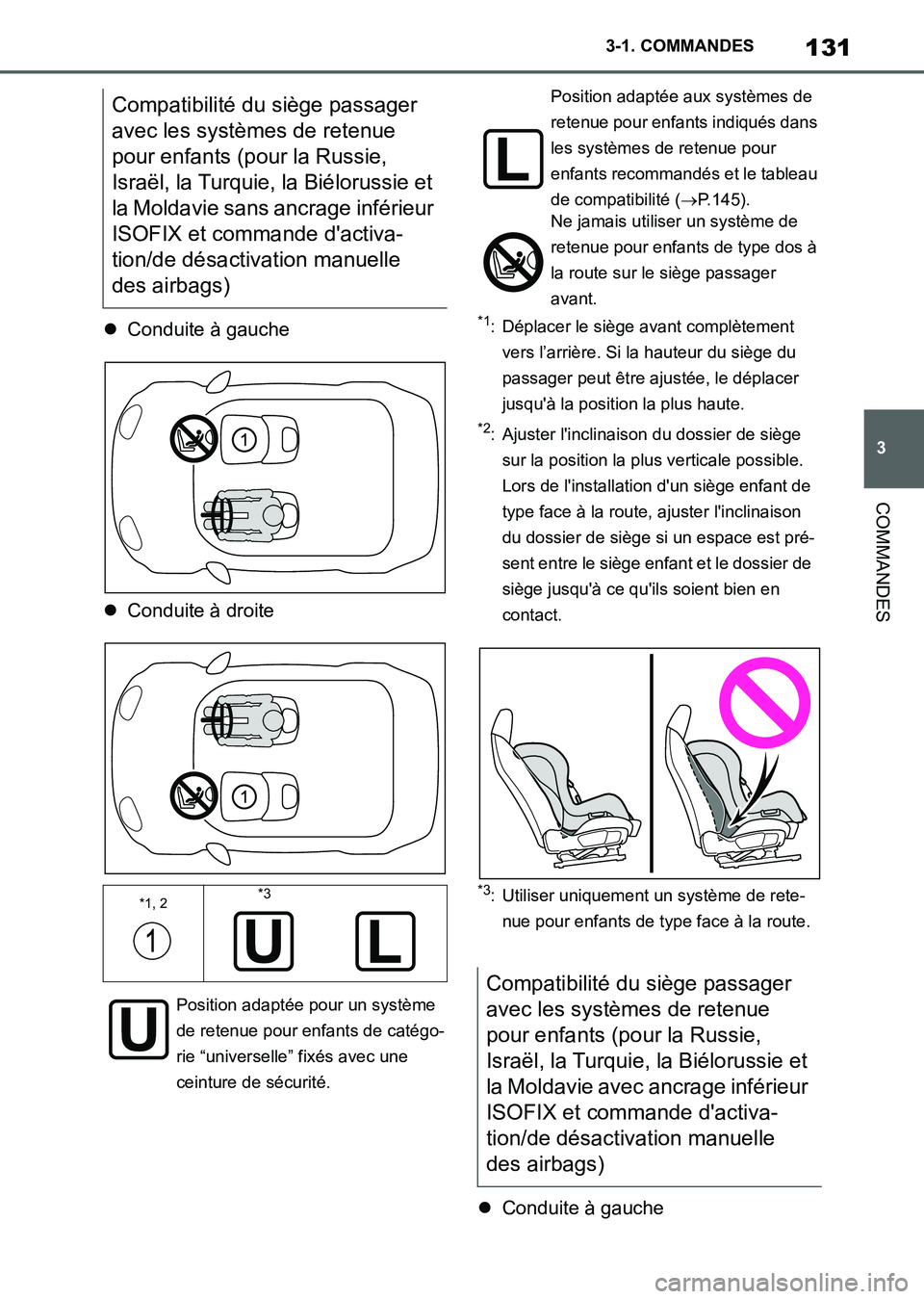 TOYOTA SUPRA 2021 Notices Demploi (in French) 131
3 3-1. COMMANDES
COMMANDES
Supra Owners Manual_K (from Nov. 20 Prod.)Conduite à gauche
Conduite à droite
*1: Déplacer le siège avant complètement
vers l’arrière. Si la hauteur du TOYOTA SUPRA 2021 Notices Demploi (in French) 131
3 3-1. COMMANDES
COMMANDES
Supra Owners Manual_K (from Nov. 20 Prod.)Conduite à gauche
Conduite à droite
*1: Déplacer le siège avant complètement
vers l’arrière. Si la hauteur du