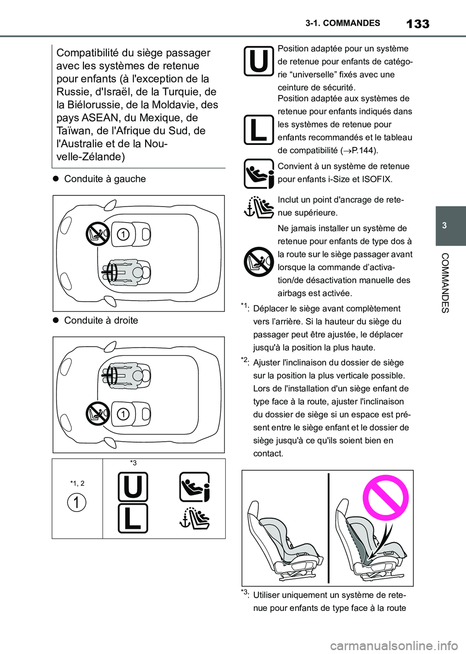 TOYOTA SUPRA 2021 Notices Demploi (in French) 133
3 3-1. COMMANDES
COMMANDES
Supra Owners Manual_K (from Nov. 20 Prod.)Conduite à gauche
Conduite à droite
*1: Déplacer le siège avant complètement
vers l’arrière. Si la hauteur du TOYOTA SUPRA 2021 Notices Demploi (in French) 133
3 3-1. COMMANDES
COMMANDES
Supra Owners Manual_K (from Nov. 20 Prod.)Conduite à gauche
Conduite à droite
*1: Déplacer le siège avant complètement
vers l’arrière. Si la hauteur du