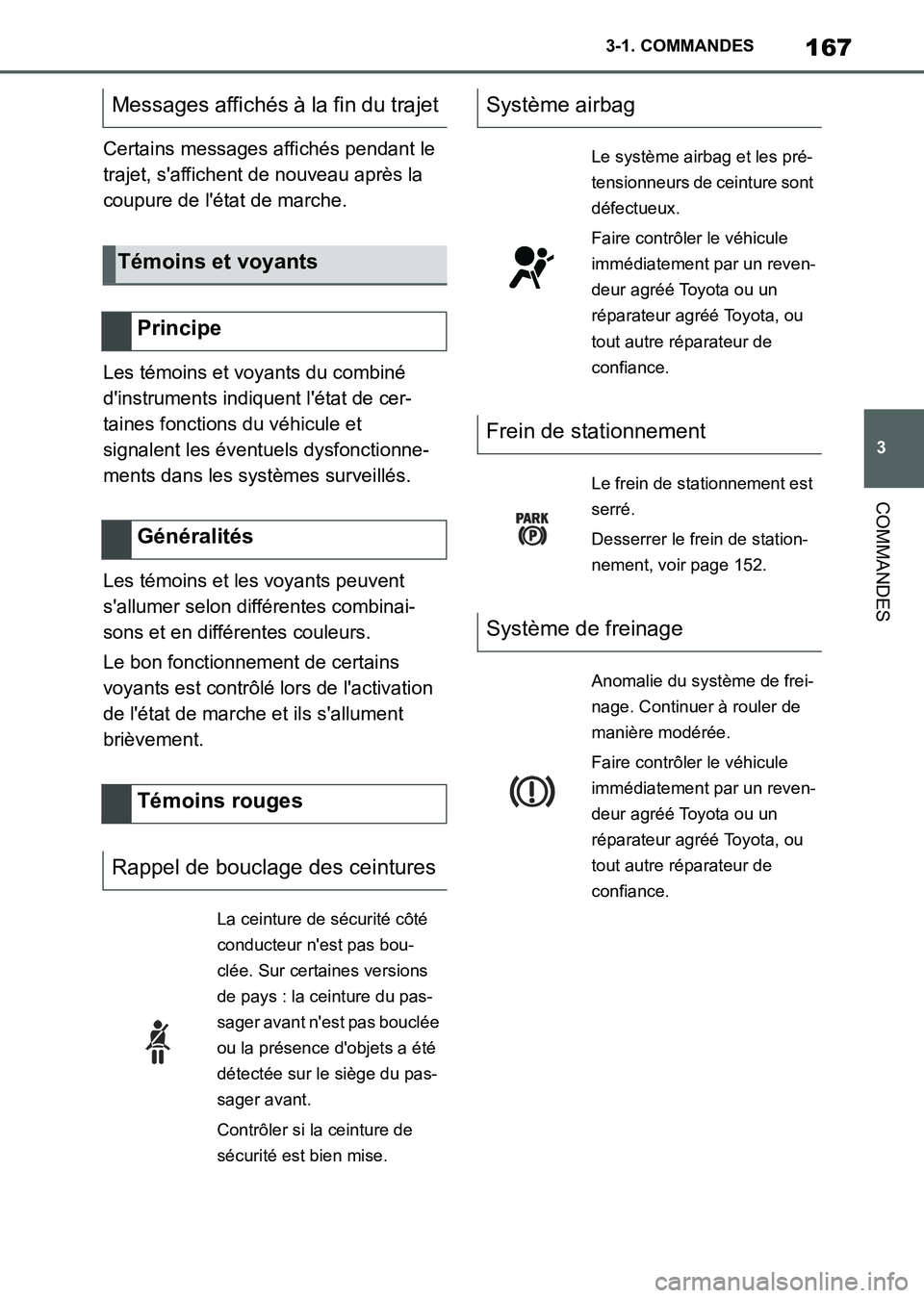 TOYOTA SUPRA 2021  Notices Demploi (in French) 167
3 3-1. COMMANDES
COMMANDES
Supra Owners Manual_K (from Nov. 20 Prod.)Certains messages affichés pendant le 
trajet, saffichent de nouveau après la 
coupure de létat de marche.
Les témoins 