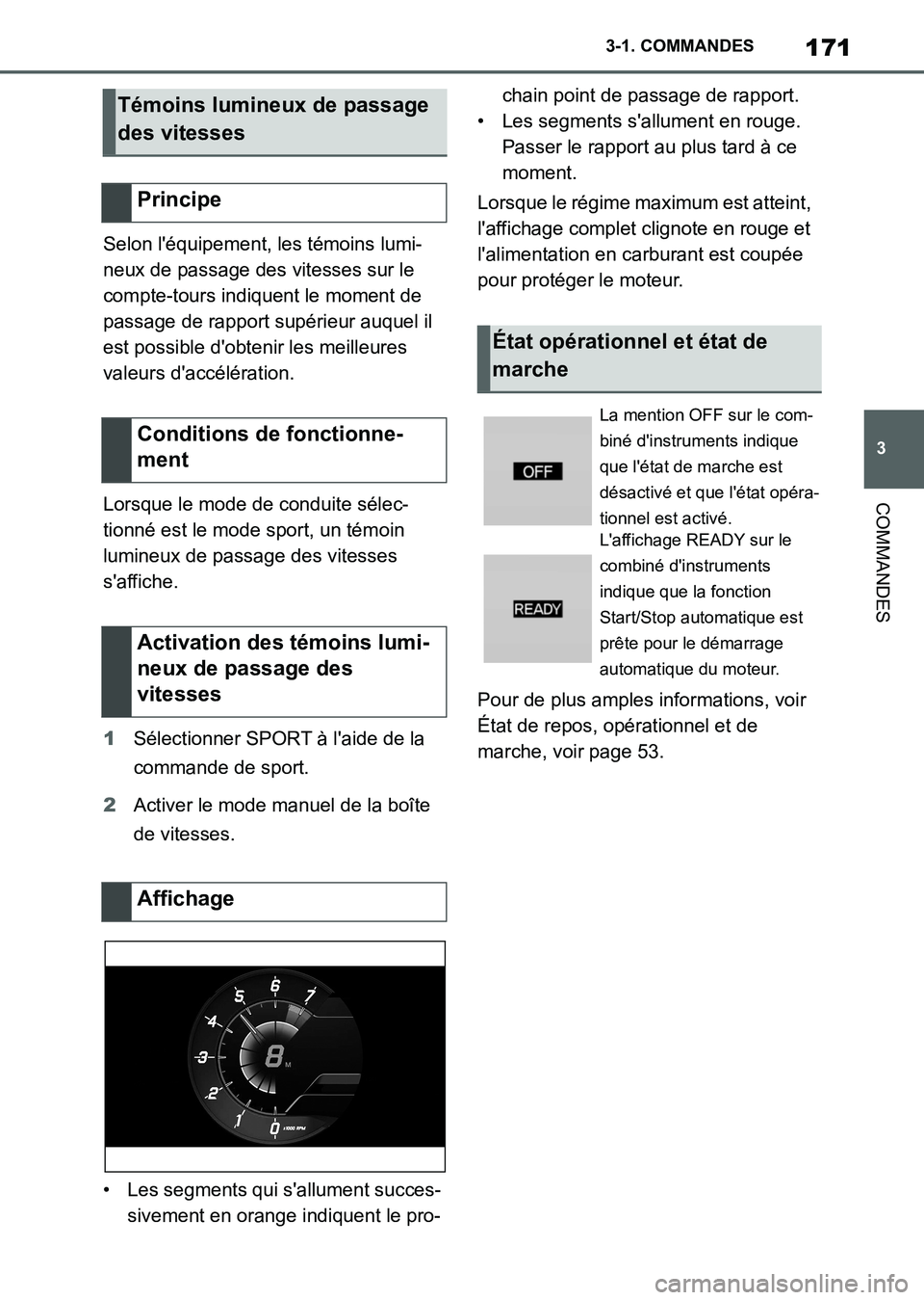 TOYOTA SUPRA 2021 Notices Demploi (in French) 171
3 3-1. COMMANDES
COMMANDES
Supra Owners Manual_K (from Nov. 20 Prod.)Selon léquipement, les témoins lumi-
neux de passage des vitesses sur le
compte-tours indiquent le moment de
passage de TOYOTA SUPRA 2021 Notices Demploi (in French) 171
3 3-1. COMMANDES
COMMANDES
Supra Owners Manual_K (from Nov. 20 Prod.)Selon léquipement, les témoins lumi-
neux de passage des vitesses sur le
compte-tours indiquent le moment de
passage de
