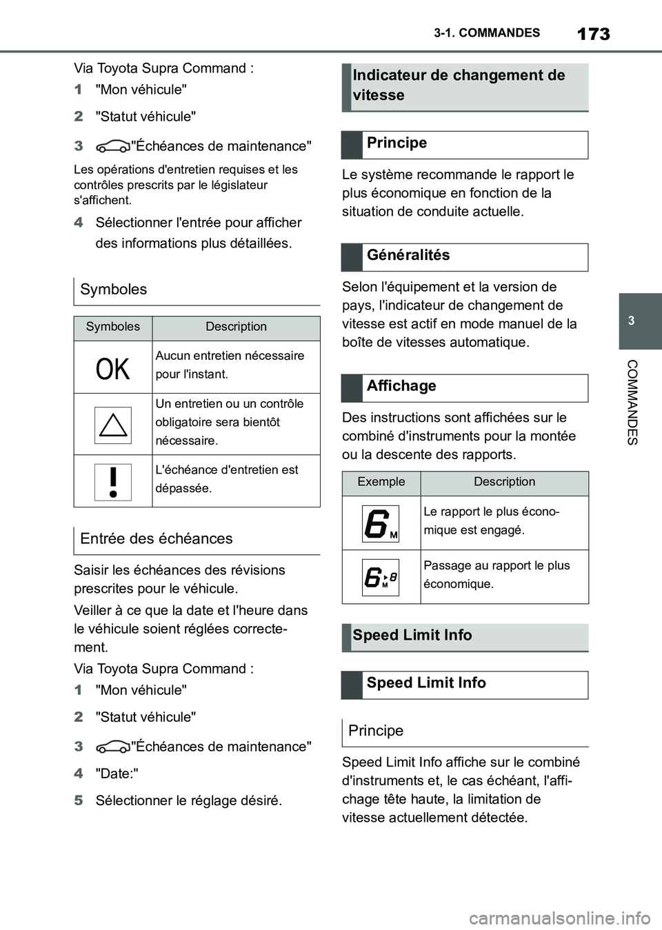 TOYOTA SUPRA 2021 Notices Demploi (in French) 173
3 3-1. COMMANDES
COMMANDES
Supra Owners Manual_K (from Nov. 20 Prod.)Via Toyota Supra Command :
1"Mon véhicule"
2"Statut véhicule"
3"Échéances de maintenance"
Les opérations dentretien req TOYOTA SUPRA 2021 Notices Demploi (in French) 173
3 3-1. COMMANDES
COMMANDES
Supra Owners Manual_K (from Nov. 20 Prod.)Via Toyota Supra Command :
1"Mon véhicule"
2"Statut véhicule"
3"Échéances de maintenance"
Les opérations dentretien req