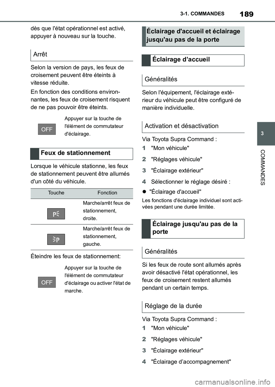 TOYOTA SUPRA 2021 Notices Demploi (in French) 189
3 3-1. COMMANDES
COMMANDES
Supra Owners Manual_K (from Nov. 20 Prod.)dès que létat opérationnel est activé,
appuyer à nouveau sur la touche.
Selon la version de pays, les feux de
croisem TOYOTA SUPRA 2021 Notices Demploi (in French) 189
3 3-1. COMMANDES
COMMANDES
Supra Owners Manual_K (from Nov. 20 Prod.)dès que létat opérationnel est activé,
appuyer à nouveau sur la touche.
Selon la version de pays, les feux de
croisem