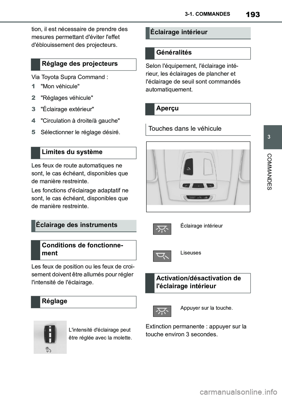 TOYOTA SUPRA 2021 Notices Demploi (in French) 193
3 3-1. COMMANDES
COMMANDES
Supra Owners Manual_K (from Nov. 20 Prod.)tion, il est nécessaire de prendre des
mesures permettant déviter leffet
déblouissement des projecteurs.
Via Toyota S TOYOTA SUPRA 2021 Notices Demploi (in French) 193
3 3-1. COMMANDES
COMMANDES
Supra Owners Manual_K (from Nov. 20 Prod.)tion, il est nécessaire de prendre des
mesures permettant déviter leffet
déblouissement des projecteurs.
Via Toyota S