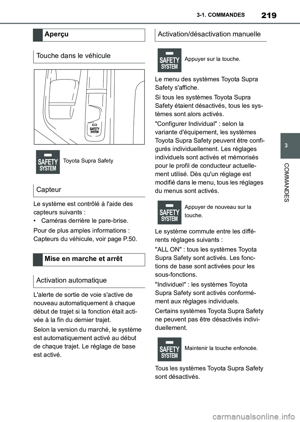TOYOTA SUPRA 2021  Notices Demploi (in French) 219
3 3-1. COMMANDES
COMMANDES
Supra Owners Manual_K (from Nov. 20 Prod.)Le système est contrôlé à laide des 
capteurs suivants :
• Caméras derrière le pare-brise.
Pour de plus amples infor