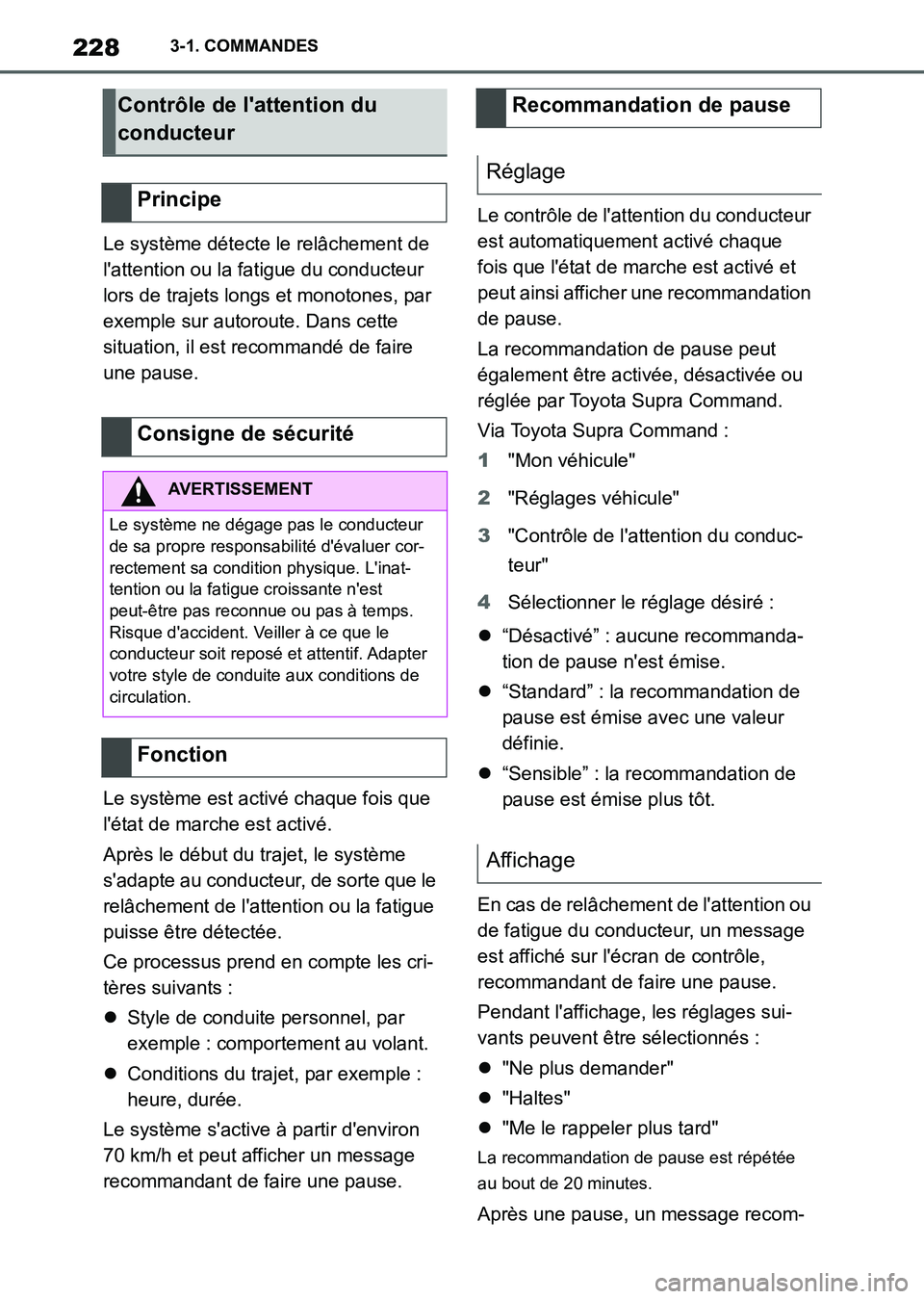 TOYOTA SUPRA 2021  Notices Demploi (in French) 2283-1. COMMANDES
Supra Owners Manual_K (from Nov. 20 Prod.)Le système détecte le relâchement de 
lattention ou la fatigue du conducteur 
lors de trajets longs et monotones, par 
exemple sur aut