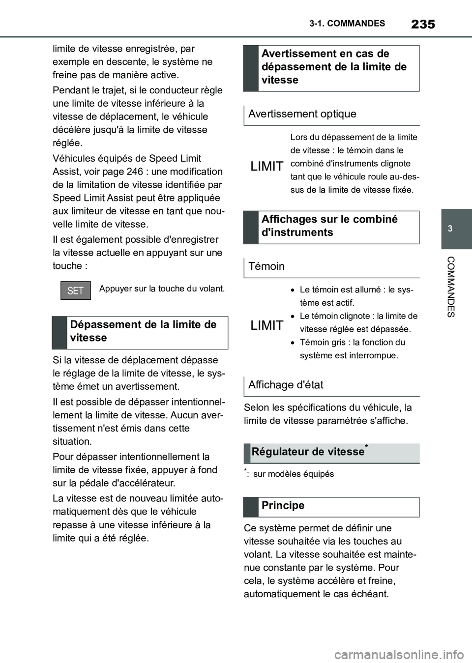 TOYOTA SUPRA 2021  Notices Demploi (in French) 235
3 3-1. COMMANDES
COMMANDES
Supra Owners Manual_K (from Nov. 20 Prod.)limite de vitesse enregistrée, par 
exemple en descente, le système ne 
freine pas de manière active.
Pendant le trajet, s