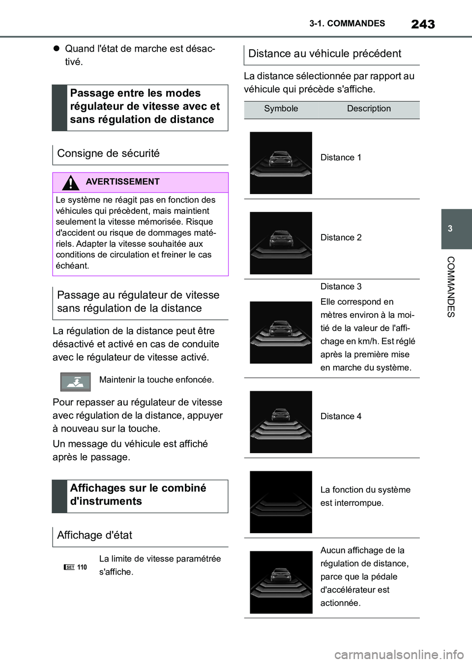 TOYOTA SUPRA 2021  Notices Demploi (in French) 243
3 3-1. COMMANDES
COMMANDES
Supra Owners Manual_K (from Nov. 20 Prod.)Quand létat de marche est désac-
tivé.
La régulation de la distance peut être 
désactivé et activé en cas de cond