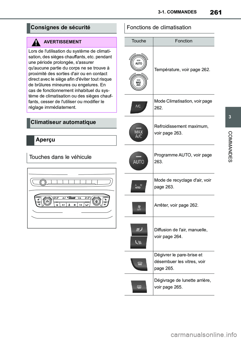 TOYOTA SUPRA 2021  Notices Demploi (in French) 261
3 3-1. COMMANDES
COMMANDES
Supra Owners Manual_K (from Nov. 20 Prod.)
Consignes de sécurité
AVERTISSEMENT
Lors de lutilisation du système de climati-
sation, des sièges chauffants, etc. pen