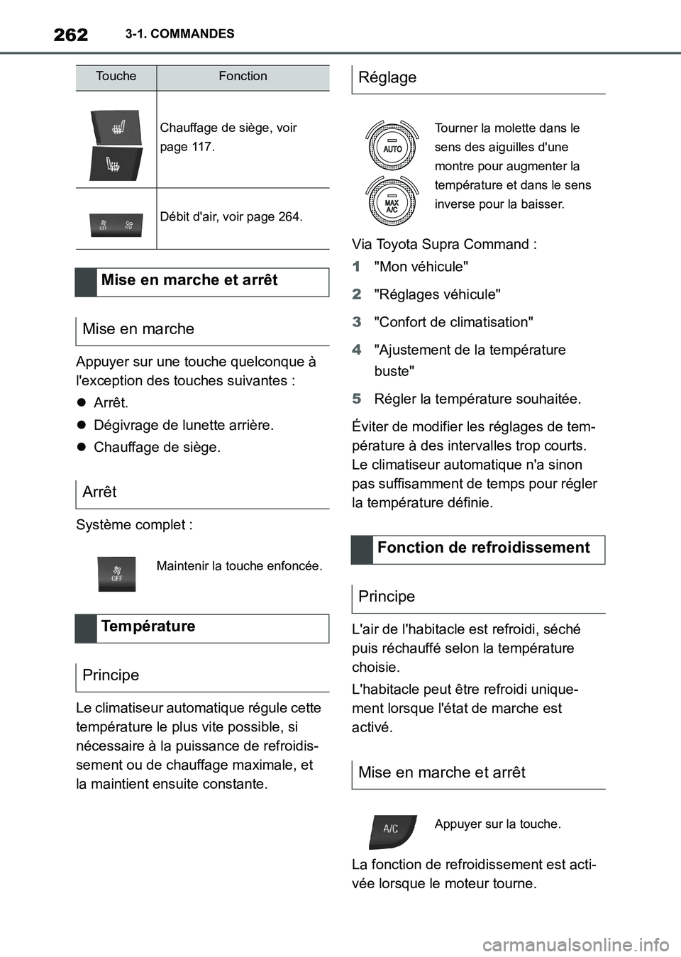 TOYOTA SUPRA 2021  Notices Demploi (in French) 2623-1. COMMANDES
Supra Owners Manual_K (from Nov. 20 Prod.)Appuyer sur une touche quelconque à 
lexception des touches suivantes :
Arrêt.
Dégivrage de lunette arrière.
Chauffage de si