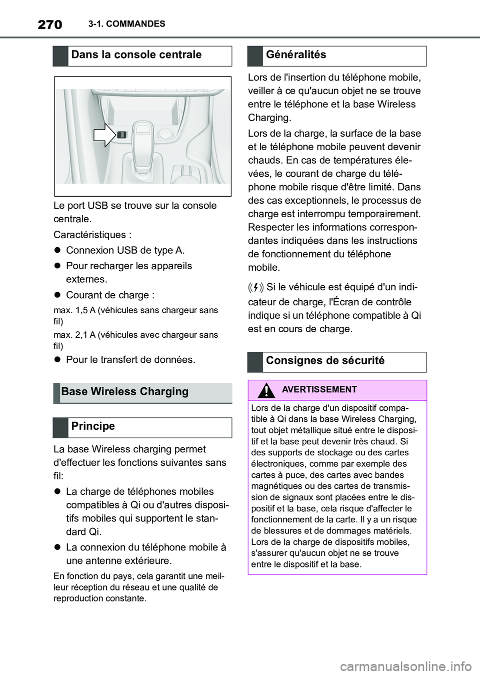 TOYOTA SUPRA 2021  Notices Demploi (in French) 2703-1. COMMANDES
Supra Owners Manual_K (from Nov. 20 Prod.)Le port USB se trouve sur la console 
centrale.
Caractéristiques :
Connexion USB de type A.
Pour recharger les appareils 
externes.