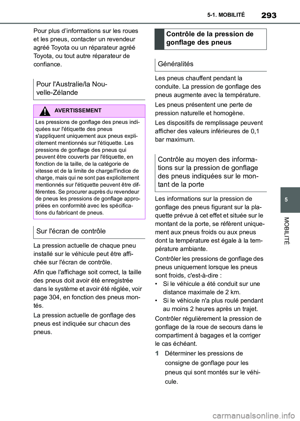 TOYOTA SUPRA 2021  Notices Demploi (in French) 293
5 5-1. MOBILITÉ
MOBILITÉ
Supra Owners Manual_K (from Nov. 20 Prod.)Pour plus d’informations sur les roues 
et les pneus, contacter un revendeur 
agréé Toyota ou un réparateur agréé 
Toy