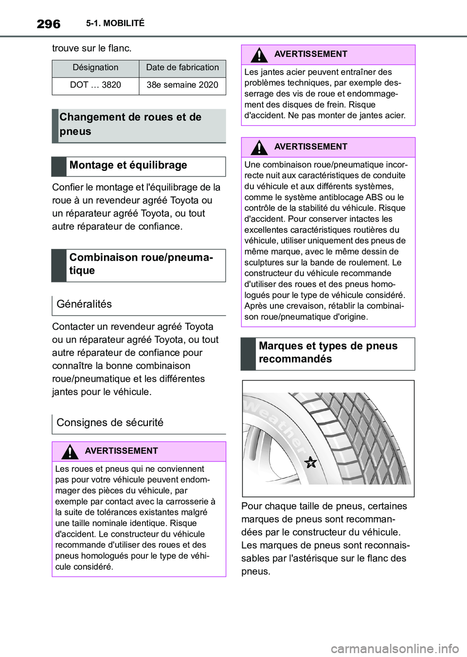 TOYOTA SUPRA 2021  Notices Demploi (in French) 2965-1. MOBILITÉ
Supra Owners Manual_K (from Nov. 20 Prod.)trouve sur le flanc.
Confier le montage et léquilibrage de la 
roue à un revendeur agréé Toyota ou 
un réparateur agréé Toyota, ou