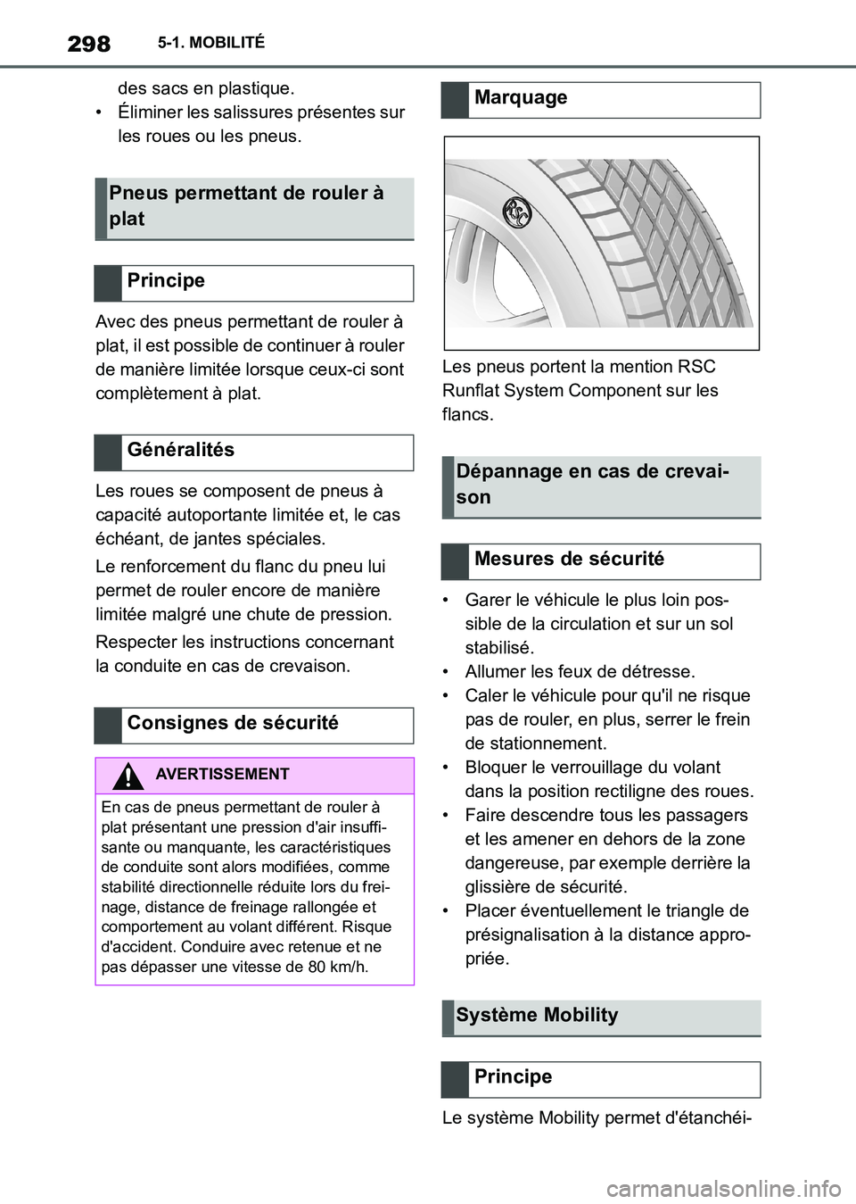 TOYOTA SUPRA 2021  Notices Demploi (in French) 2985-1. MOBILITÉ
Supra Owners Manual_K (from Nov. 20 Prod.)des sacs en plastique.
• Éliminer les salissures présentes sur 
les roues ou les pneus.
Avec des pneus permettant de rouler à 
plat, 