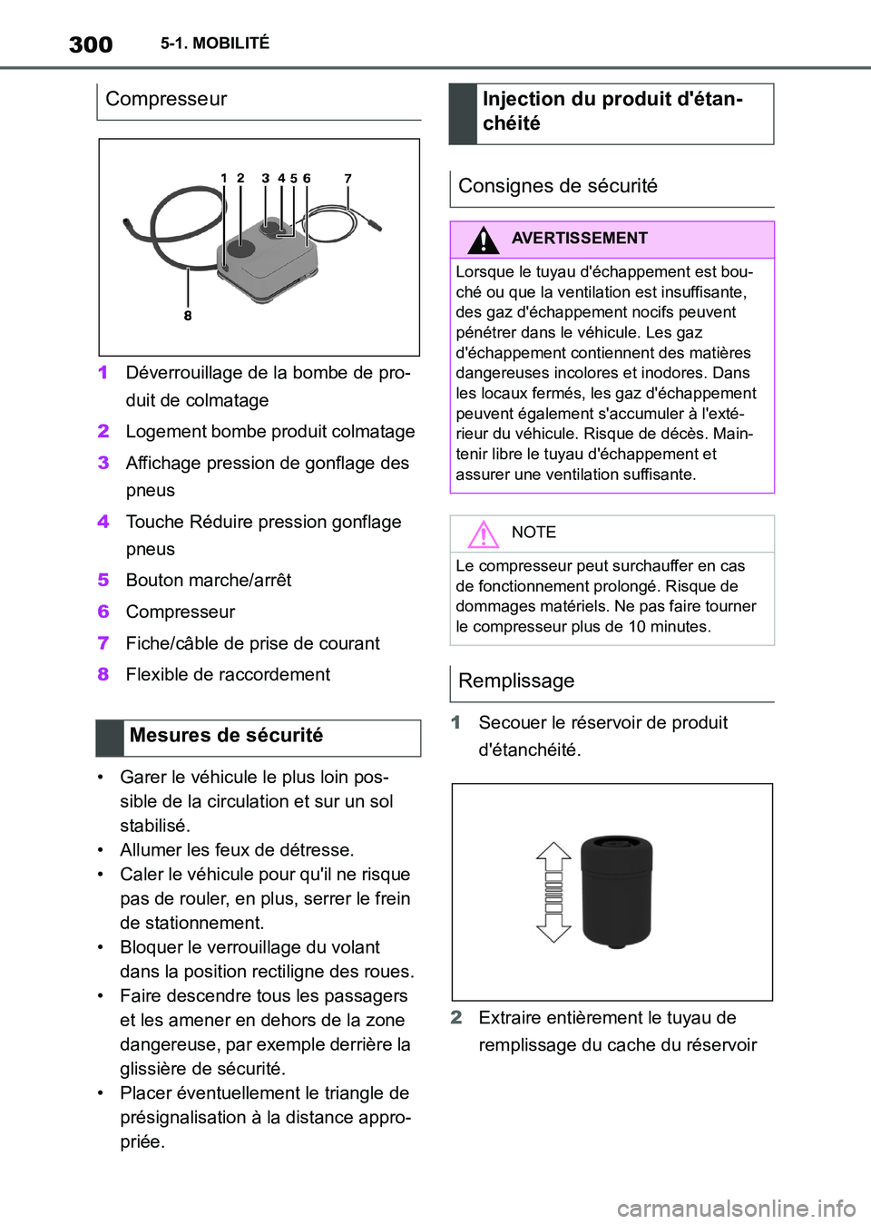 TOYOTA SUPRA 2021  Notices Demploi (in French) 3005-1. MOBILITÉ
Supra Owners Manual_K (from Nov. 20 Prod.)1Déverrouillage de la bombe de pro-
duit de colmatage
2Logement bombe produit colmatage
3Affichage pression de gonflage des 
pneus
4Touch