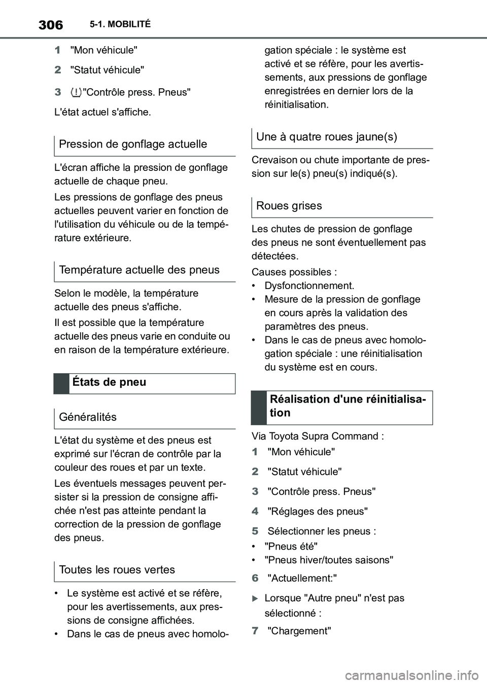 TOYOTA SUPRA 2021  Notices Demploi (in French) 3065-1. MOBILITÉ
Supra Owners Manual_K (from Nov. 20 Prod.)1"Mon véhicule"
2"Statut véhicule"
3"Contrôle press. Pneus"
Létat actuel saffiche.
Lécran affiche la pression de gonflage 
actuell