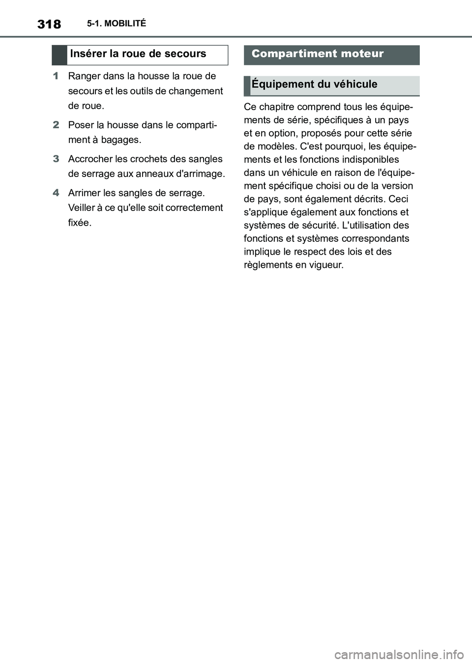 TOYOTA SUPRA 2021 Notices Demploi (in French) 3185-1. MOBILITÉ
Supra Owners Manual_K (from Nov. 20 Prod.)1Ranger dans la housse la roue de
secours et les outils de changement
de roue.
2Poser la housse dans le comparti-
ment à bagages.
3Accr TOYOTA SUPRA 2021 Notices Demploi (in French) 3185-1. MOBILITÉ
Supra Owners Manual_K (from Nov. 20 Prod.)1Ranger dans la housse la roue de
secours et les outils de changement
de roue.
2Poser la housse dans le comparti-
ment à bagages.
3Accr