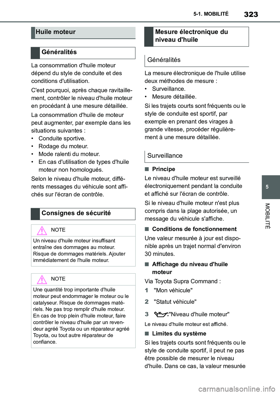TOYOTA SUPRA 2021 Notices Demploi (in French) 323
5 5-1. MOBILITÉ
MOBILITÉ
Supra Owners Manual_K (from Nov. 20 Prod.)La consommation dhuile moteur
dépend du style de conduite et des
conditions dutilisation.
Cest pourquoi, après chaque TOYOTA SUPRA 2021 Notices Demploi (in French) 323
5 5-1. MOBILITÉ
MOBILITÉ
Supra Owners Manual_K (from Nov. 20 Prod.)La consommation dhuile moteur
dépend du style de conduite et des
conditions dutilisation.
Cest pourquoi, après chaque