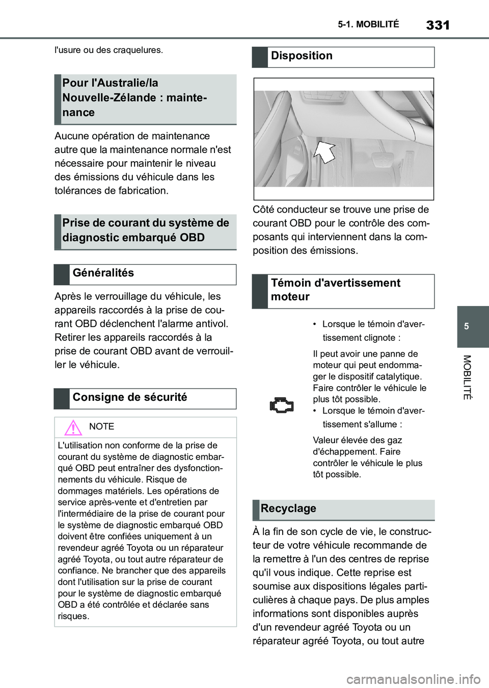 TOYOTA SUPRA 2021  Notices Demploi (in French) 331
5 5-1. MOBILITÉ
MOBILITÉ
Supra Owners Manual_K (from Nov. 20 Prod.)
lusure ou des craquelures.
Aucune opération de maintenance 
autre que la maintenance normale nest 
nécessaire pour maint