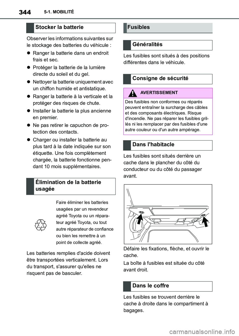 TOYOTA SUPRA 2021  Notices Demploi (in French) 3445-1. MOBILITÉ
Supra Owners Manual_K (from Nov. 20 Prod.)Observer les informations suivantes sur 
le stockage des batteries du véhicule :
Ranger la batterie dans un endroit 
frais et sec.
