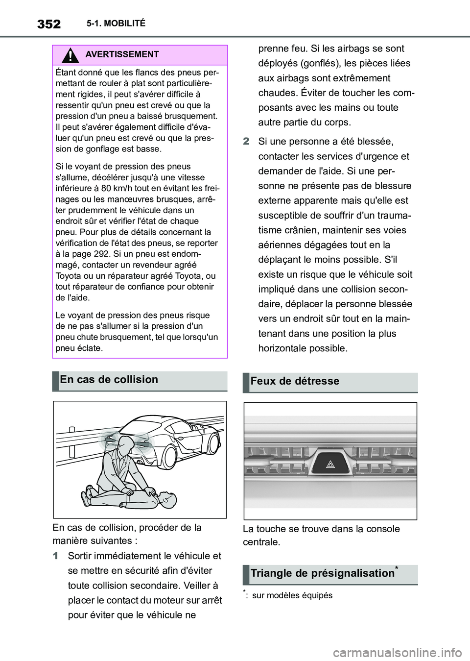 TOYOTA SUPRA 2021  Notices Demploi (in French) 3525-1. MOBILITÉ
Supra Owners Manual_K (from Nov. 20 Prod.)En cas de collision, procéder de la 
manière suivantes :
1Sortir immédiatement le véhicule et 
se mettre en sécurité afin déviter 