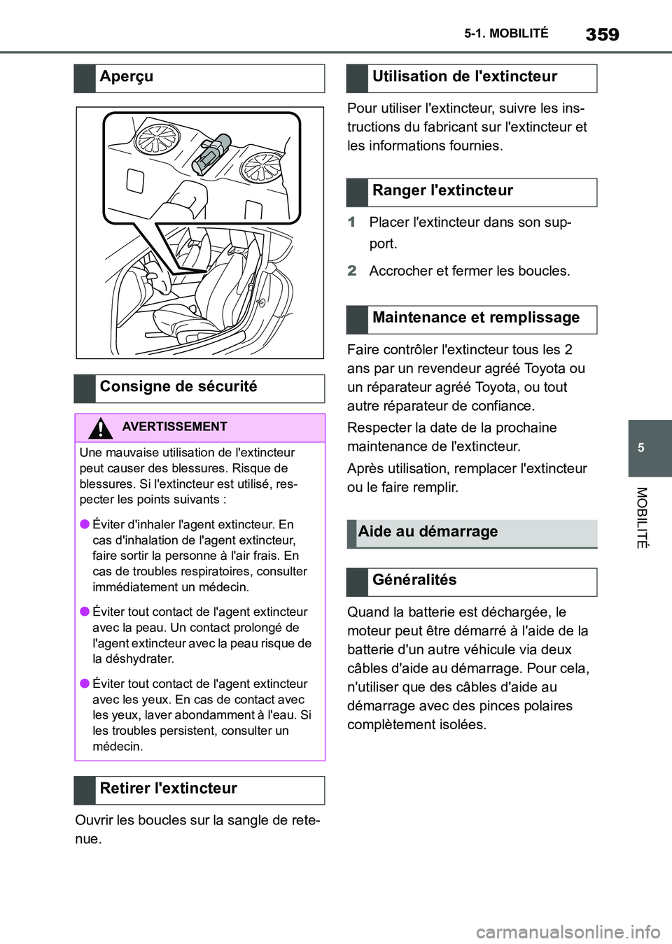 TOYOTA SUPRA 2021  Notices Demploi (in French) 359
5 5-1. MOBILITÉ
MOBILITÉ
Supra Owners Manual_K (from Nov. 20 Prod.)Ouvrir les boucles sur la sangle de rete-
nue.Pour utiliser lextincteur, suivre les ins-
tructions du fabricant sur lextinc