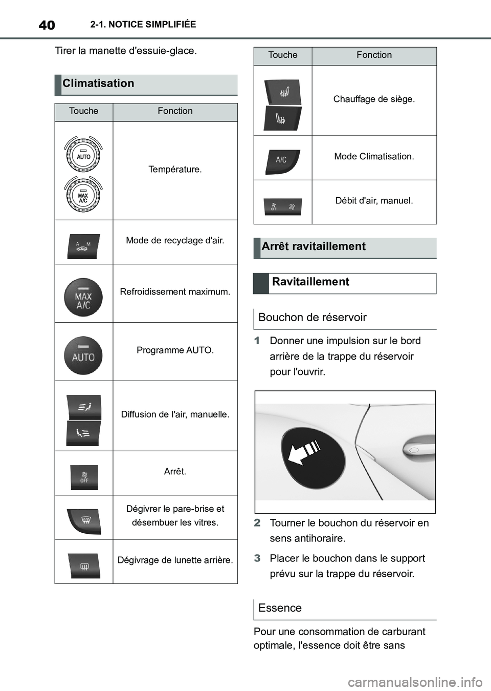 TOYOTA SUPRA 2021 Notices Demploi (in French) 402-1. NOTICE SIMPLIFIÉE
Supra Owners Manual_K (from Nov. 20 Prod.)Tirer la manette dessuie-glace.
1Donner une impulsion sur le bord
arrière de la trappe du réservoir
pour louvrir.
2Tourner l TOYOTA SUPRA 2021 Notices Demploi (in French) 402-1. NOTICE SIMPLIFIÉE
Supra Owners Manual_K (from Nov. 20 Prod.)Tirer la manette dessuie-glace.
1Donner une impulsion sur le bord
arrière de la trappe du réservoir
pour louvrir.
2Tourner l