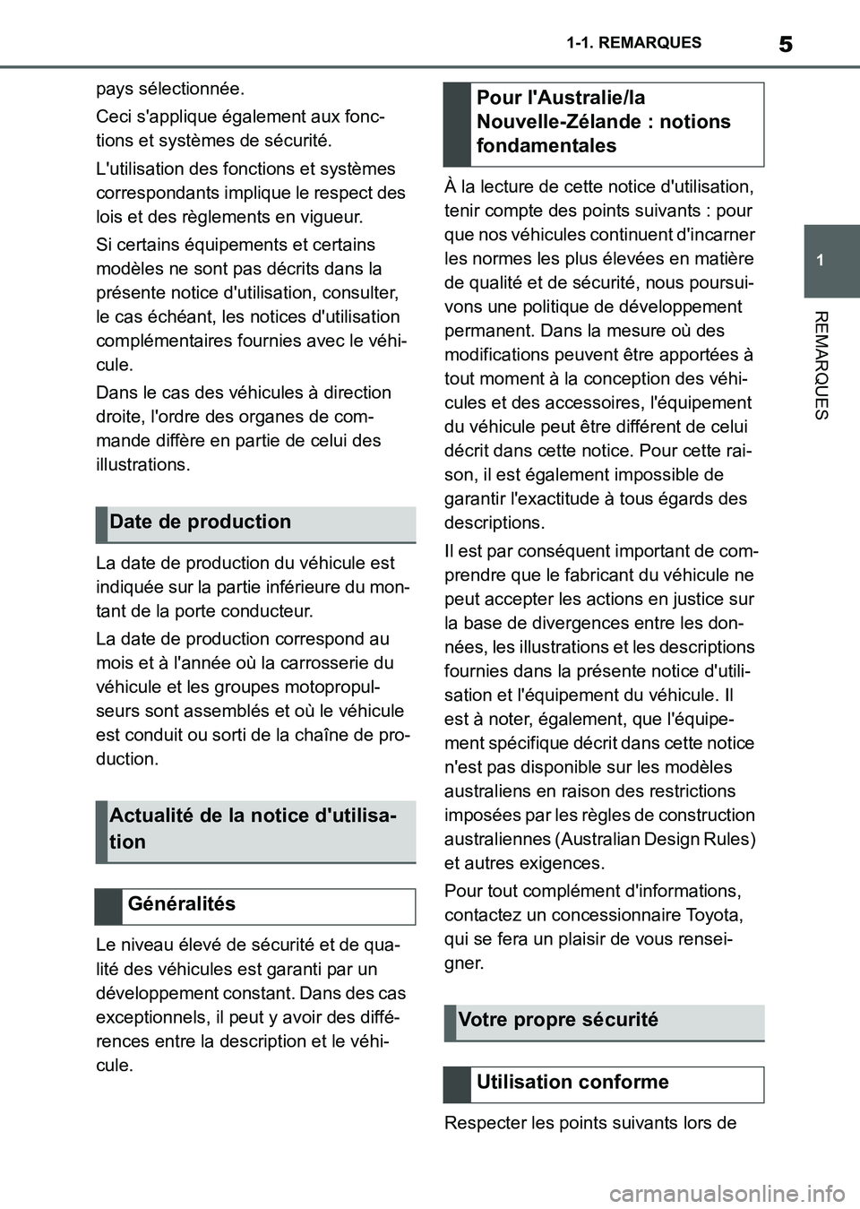 TOYOTA SUPRA 2021  Notices Demploi (in French) 5
1 1-1. REMARQUES
REMARQUES
Supra Owners Manual_K (from Nov. 20 Prod.)pays sélectionnée.
Ceci sapplique également aux fonc-
tions et systèmes de sécurité.
Lutilisation des fonctions et syst