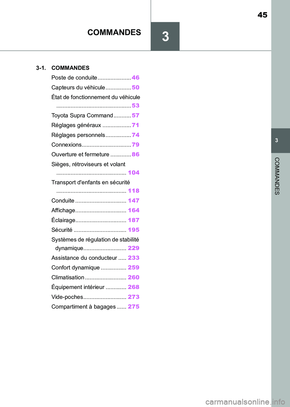 TOYOTA SUPRA 2021 Notices Demploi (in French) 3
45
3
COMMANDES
Supra Owners Manual_K (from Nov. 20 Prod.)
COMMANDES
.3-1. COMMANDES
Poste de conduite .....................46
Capteurs du véhicule ................50
État de fonctionnement du v TOYOTA SUPRA 2021 Notices Demploi (in French) 3
45
3
COMMANDES
Supra Owners Manual_K (from Nov. 20 Prod.)
COMMANDES
.3-1. COMMANDES
Poste de conduite .....................46
Capteurs du véhicule ................50
État de fonctionnement du v