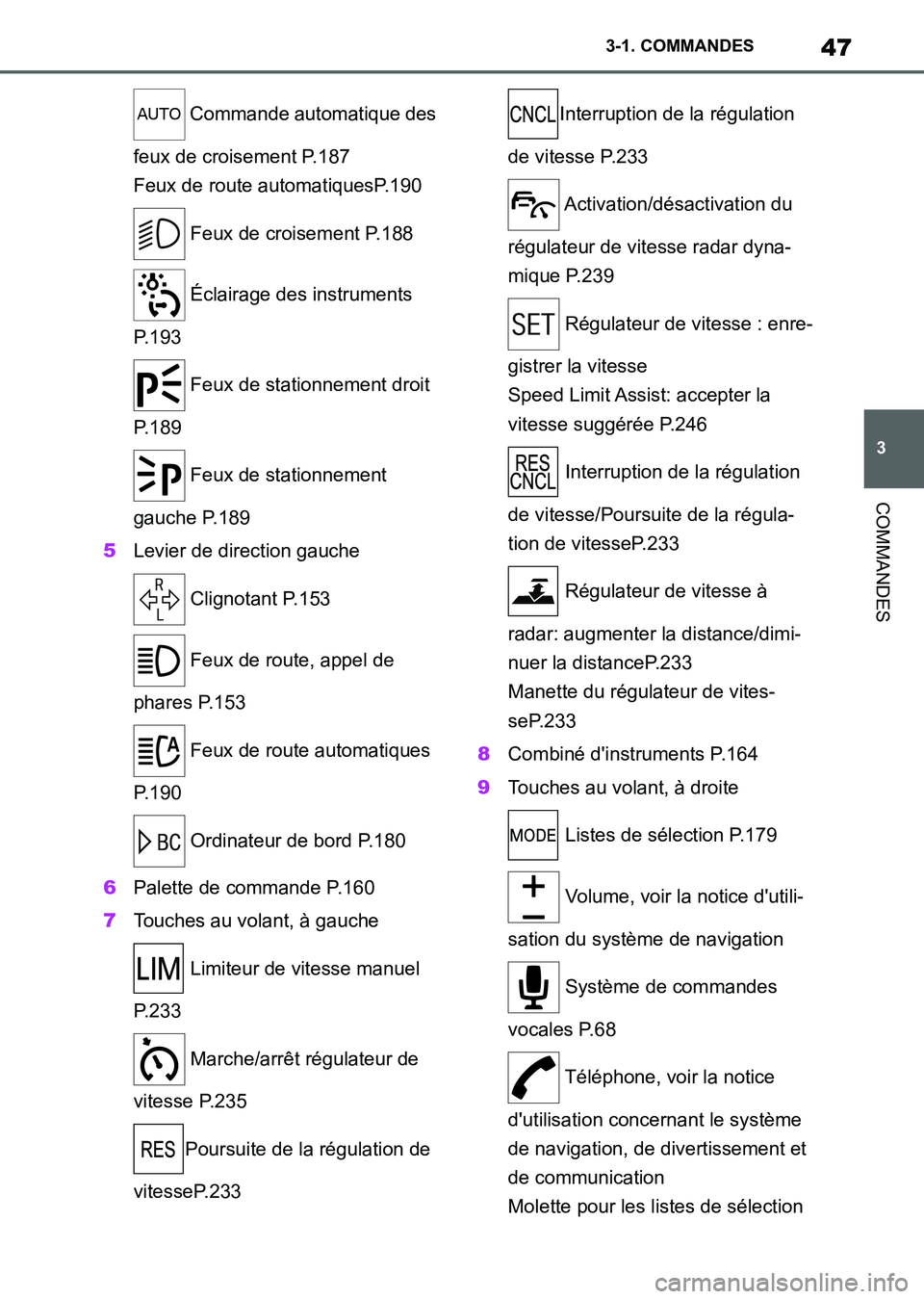 TOYOTA SUPRA 2021 Notices Demploi (in French) 47
3 3-1. COMMANDES
COMMANDES
Supra Owners Manual_K (from Nov. 20 Prod.) Commande automatique des
feux de croisement P.187
Feux de route automatiquesP.190
Feux de croisement P.188
Éclairage des TOYOTA SUPRA 2021 Notices Demploi (in French) 47
3 3-1. COMMANDES
COMMANDES
Supra Owners Manual_K (from Nov. 20 Prod.) Commande automatique des
feux de croisement P.187
Feux de route automatiquesP.190
Feux de croisement P.188
Éclairage des