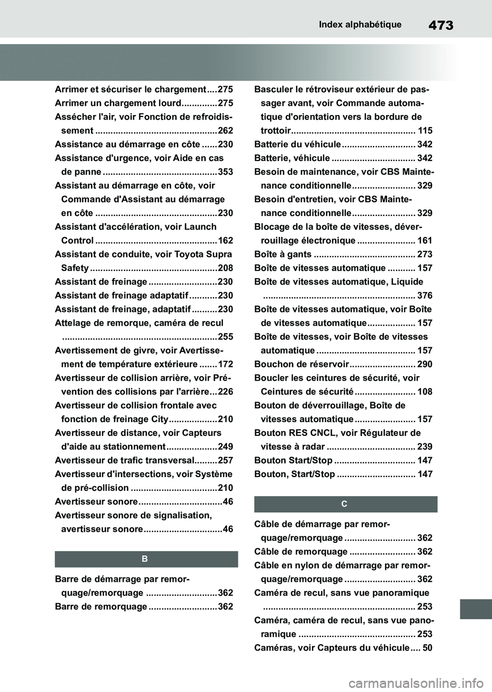 TOYOTA SUPRA 2021  Notices Demploi (in French) 473Index alphabétique
Supra Owners Manual_K (from Nov. 20 Prod.)
Arrimer et sécuriser le chargement .... 275
Arrimer un chargement lourd.............. 275
Assécher lair, voir Fonction de refroid