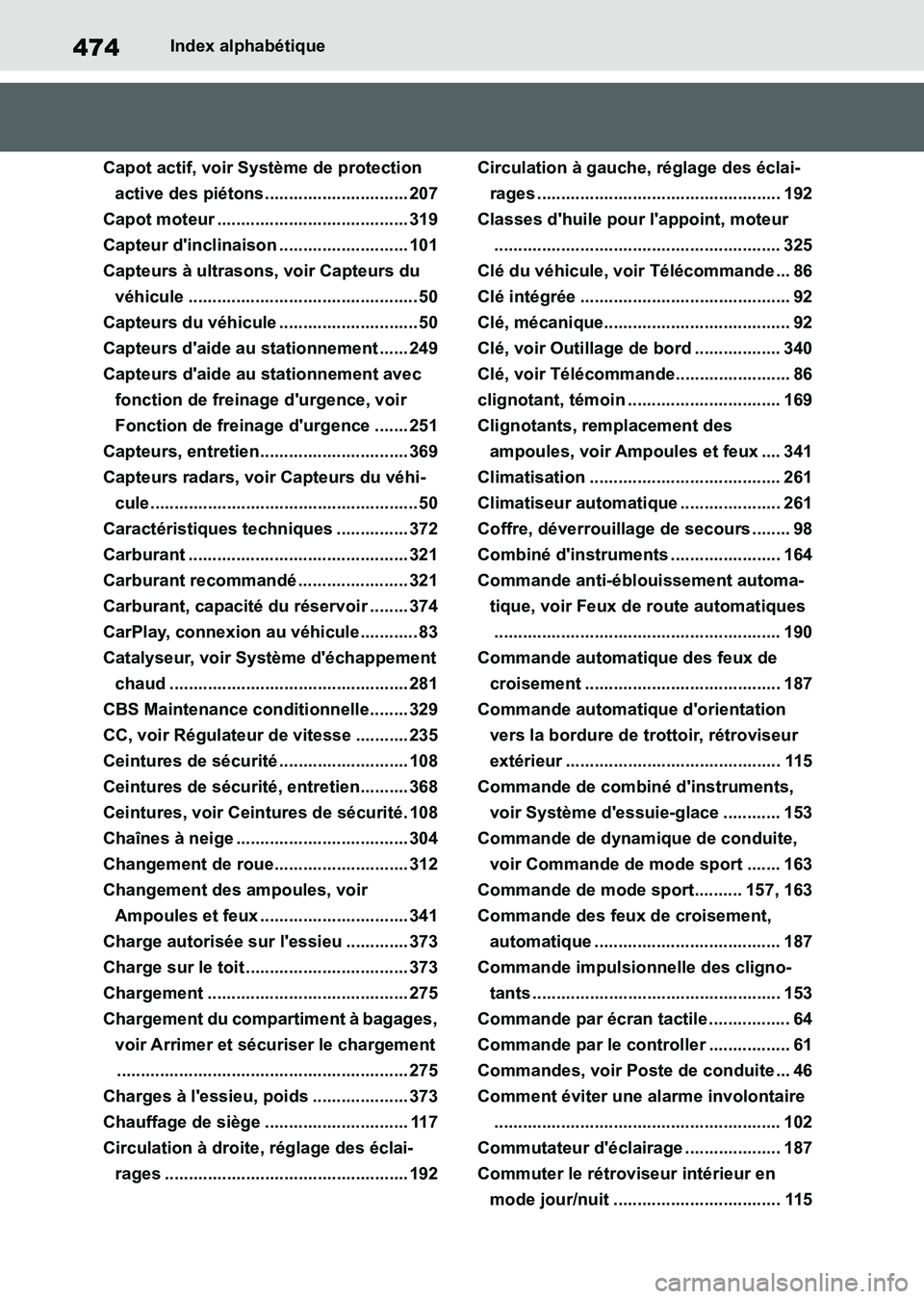 TOYOTA SUPRA 2021  Notices Demploi (in French) 474Index alphabétique
Supra Owners Manual_K (from Nov. 20 Prod.)
Capot actif, voir Système de protection 
active des piétons.............................. 207
Capot moteur .......................