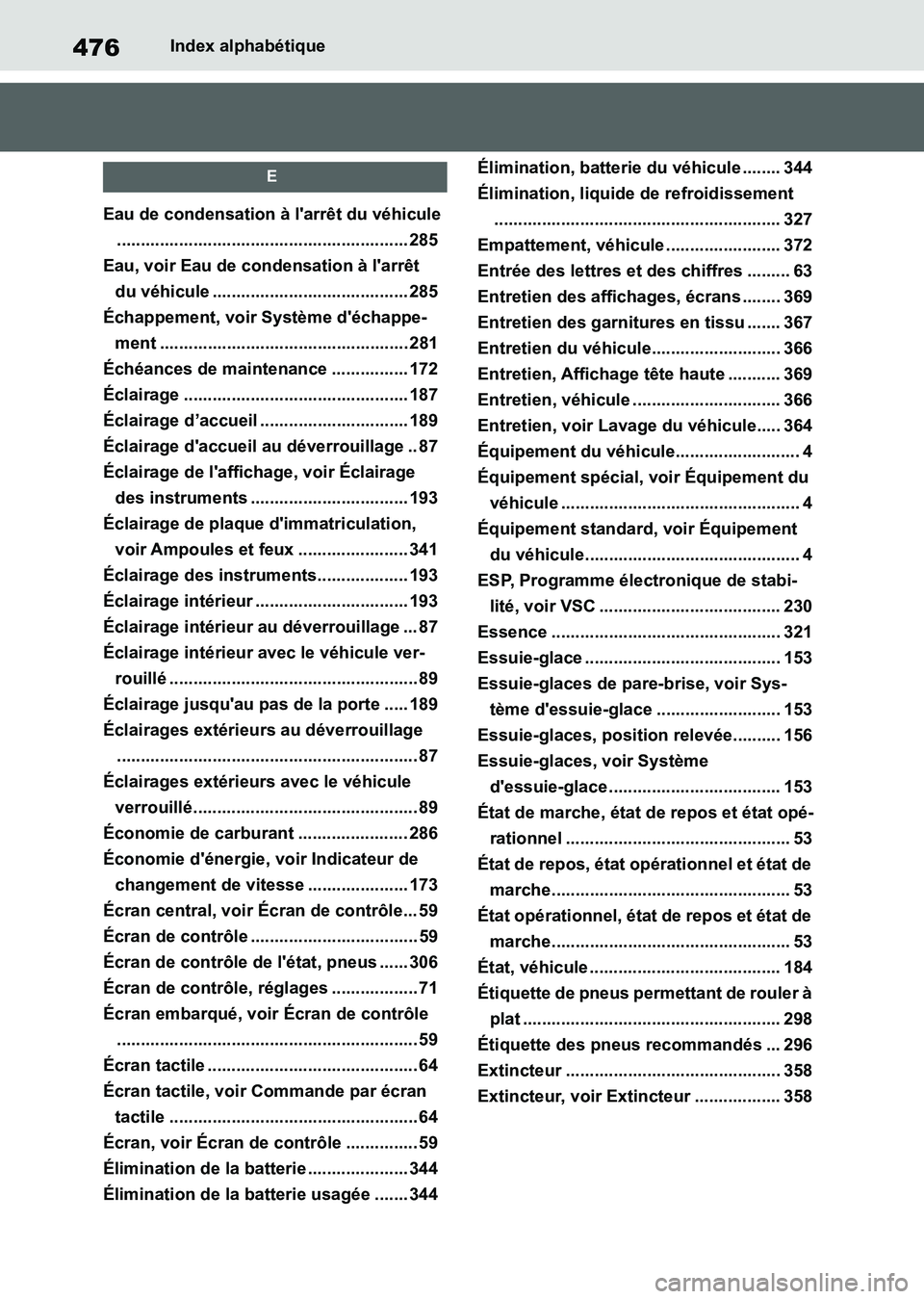 TOYOTA SUPRA 2021  Notices Demploi (in French) 476Index alphabétique
Supra Owners Manual_K (from Nov. 20 Prod.)
E
Eau de condensation à larrêt du véhicule
............................................................. 285
Eau, voir Eau de co