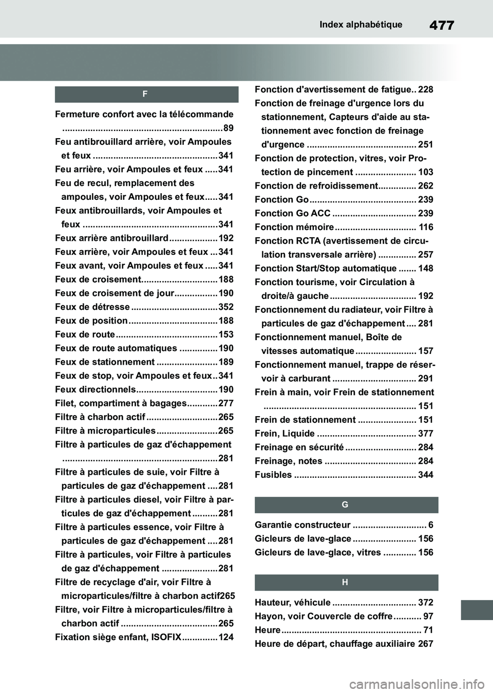 TOYOTA SUPRA 2021  Notices Demploi (in French) 477Index alphabétique
Supra Owners Manual_K (from Nov. 20 Prod.)
F
Fermeture confort avec la télécommande
............................................................... 89
Feu antibrouillard arr