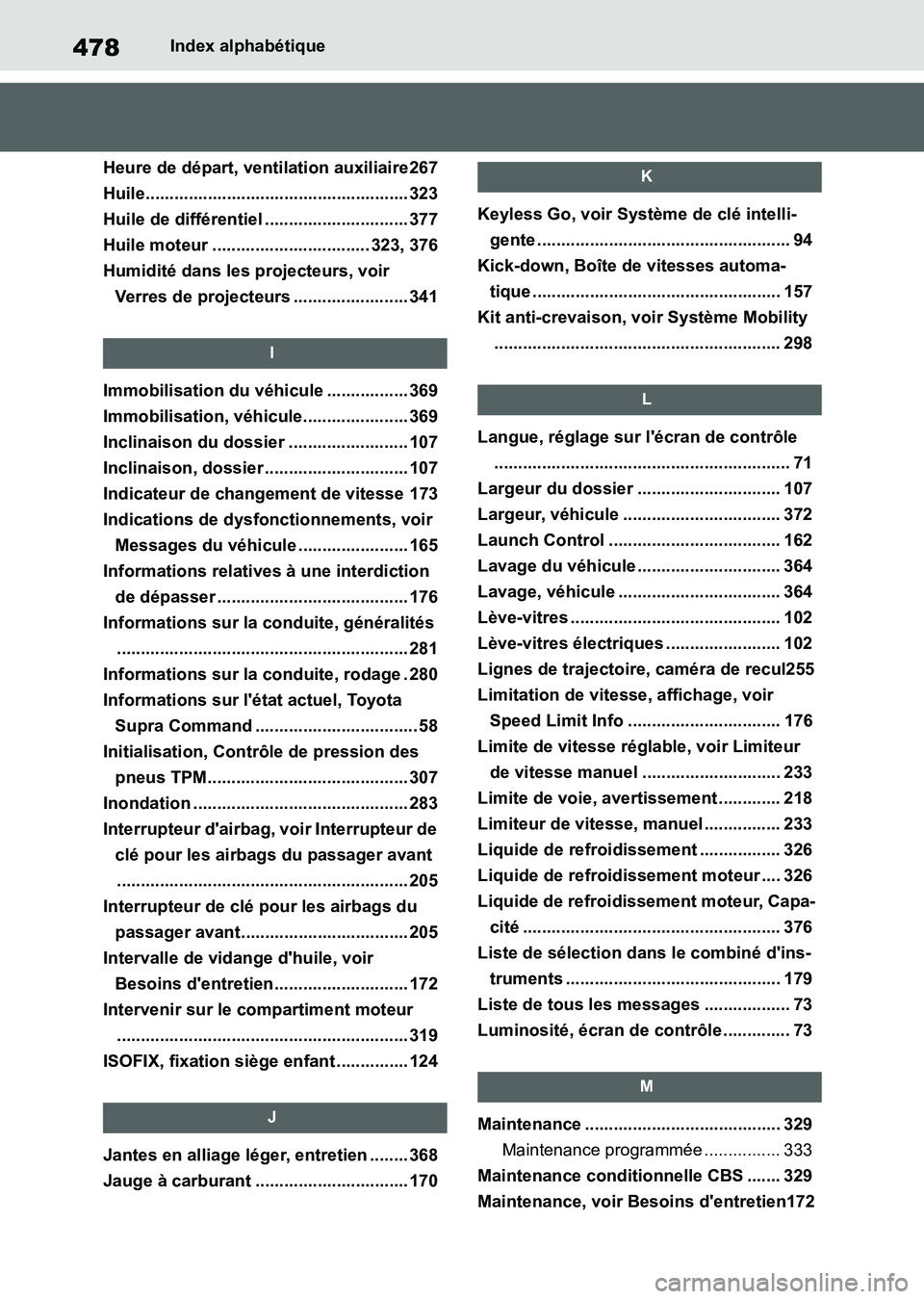 TOYOTA SUPRA 2021  Notices Demploi (in French) 478Index alphabétique
Supra Owners Manual_K (from Nov. 20 Prod.)
Heure de départ, ventilation auxiliaire267
Huile....................................................... 323
Huile de différentiel 