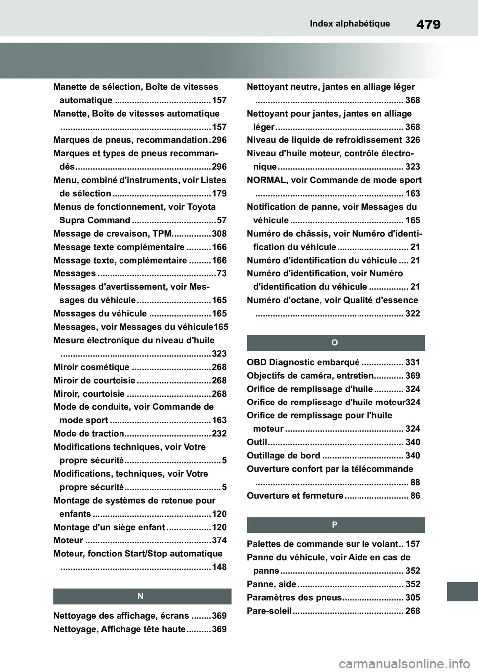 TOYOTA SUPRA 2021  Notices Demploi (in French) 479Index alphabétique
Supra Owners Manual_K (from Nov. 20 Prod.)
Manette de sélection, Boîte de vitesses 
automatique ....................................... 157
Manette, Boîte de vitesses autom