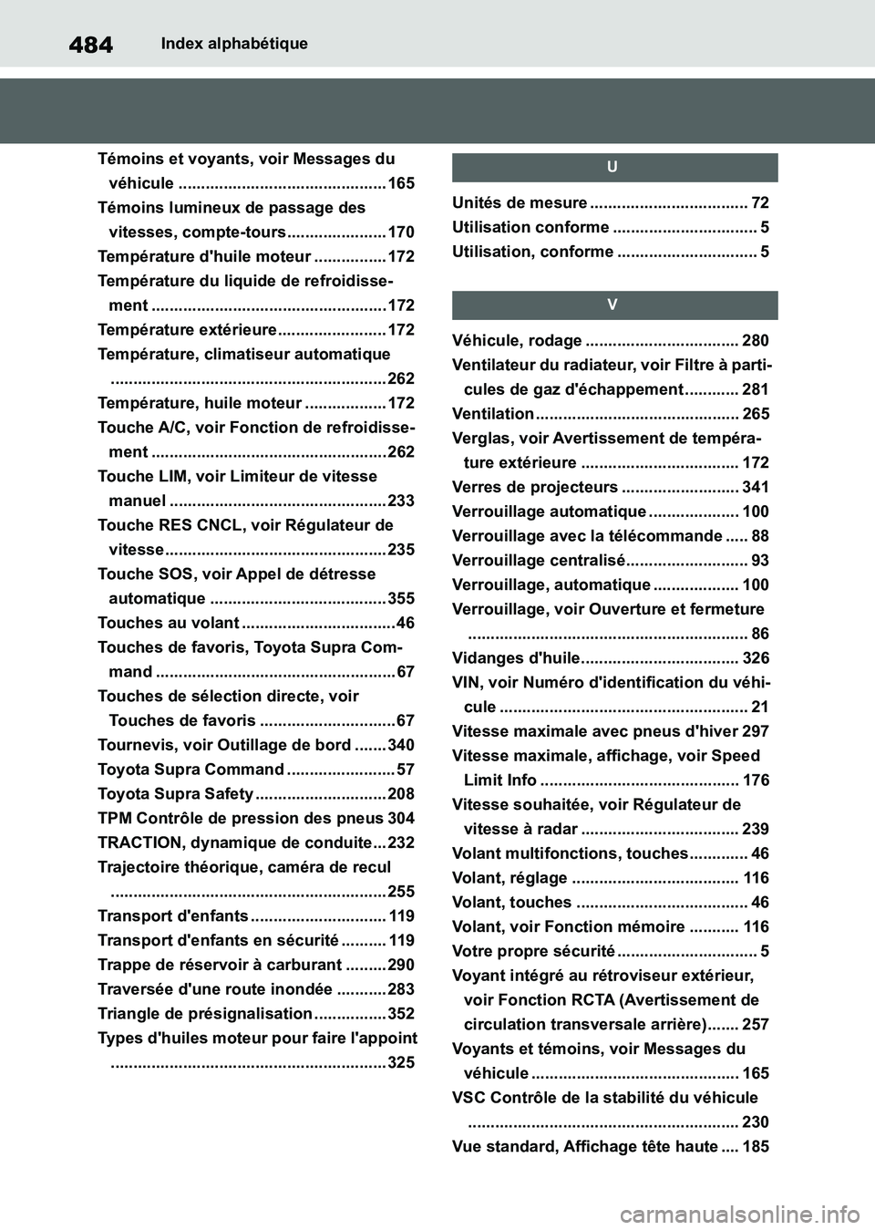 TOYOTA SUPRA 2021 Notices Demploi (in French) 484Index alphabétique
Supra Owners Manual_K (from Nov. 20 Prod.)
Témoins et voyants, voir Messages du
véhicule .............................................. 165
Témoins lumineux de passage des TOYOTA SUPRA 2021 Notices Demploi (in French) 484Index alphabétique
Supra Owners Manual_K (from Nov. 20 Prod.)
Témoins et voyants, voir Messages du
véhicule .............................................. 165
Témoins lumineux de passage des