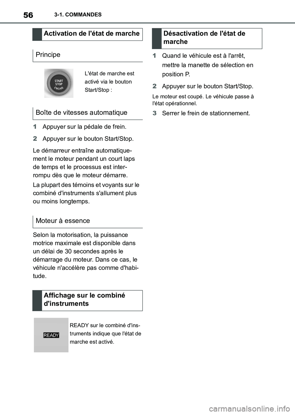 TOYOTA SUPRA 2021  Notices Demploi (in French) 563-1. COMMANDES
Supra Owners Manual_K (from Nov. 20 Prod.)1Appuyer sur la pédale de frein.
2Appuyer sur le bouton Start/Stop.
Le démarreur entraîne automatique-
ment le moteur pendant un court l