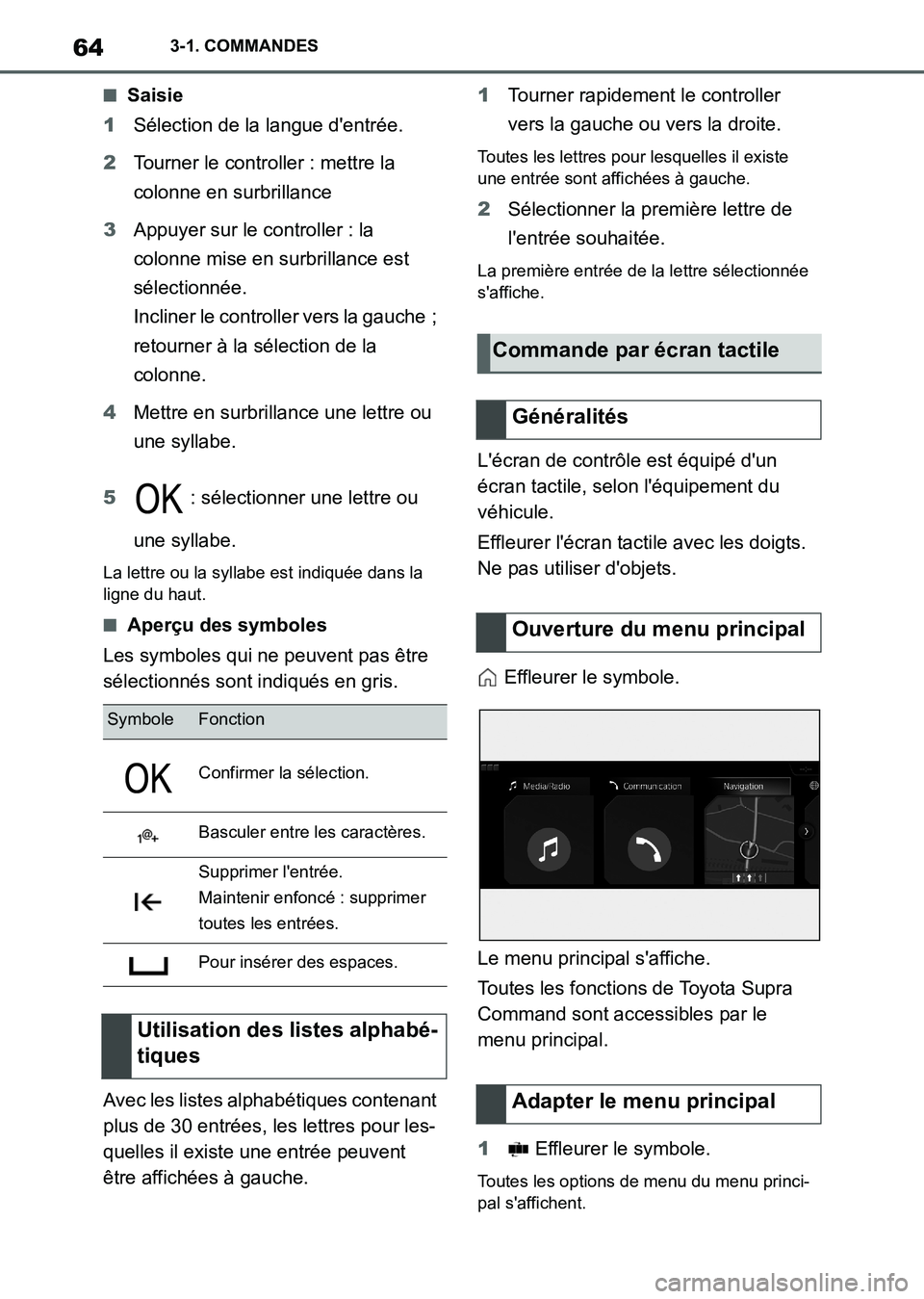 TOYOTA SUPRA 2021  Notices Demploi (in French) 643-1. COMMANDES
Supra Owners Manual_K (from Nov. 20 Prod.)
■Saisie
1Sélection de la langue dentrée.
2Tourner le controller : mettre la 
colonne en surbrillance
3Appuyer sur le controller : la 