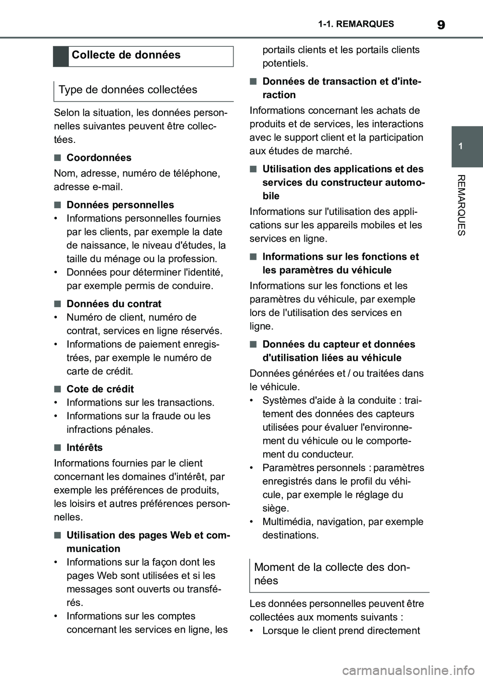 TOYOTA SUPRA 2021 Notices Demploi (in French) 9
1 1-1. REMARQUES
REMARQUES
Supra Owners Manual_K (from Nov. 20 Prod.)Selon la situation, les données person-
nelles suivantes peuvent être collec-
tées.
■Coordonnées
Nom, adresse, numéro de TOYOTA SUPRA 2021 Notices Demploi (in French) 9
1 1-1. REMARQUES
REMARQUES
Supra Owners Manual_K (from Nov. 20 Prod.)Selon la situation, les données person-
nelles suivantes peuvent être collec-
tées.
■Coordonnées
Nom, adresse, numéro de