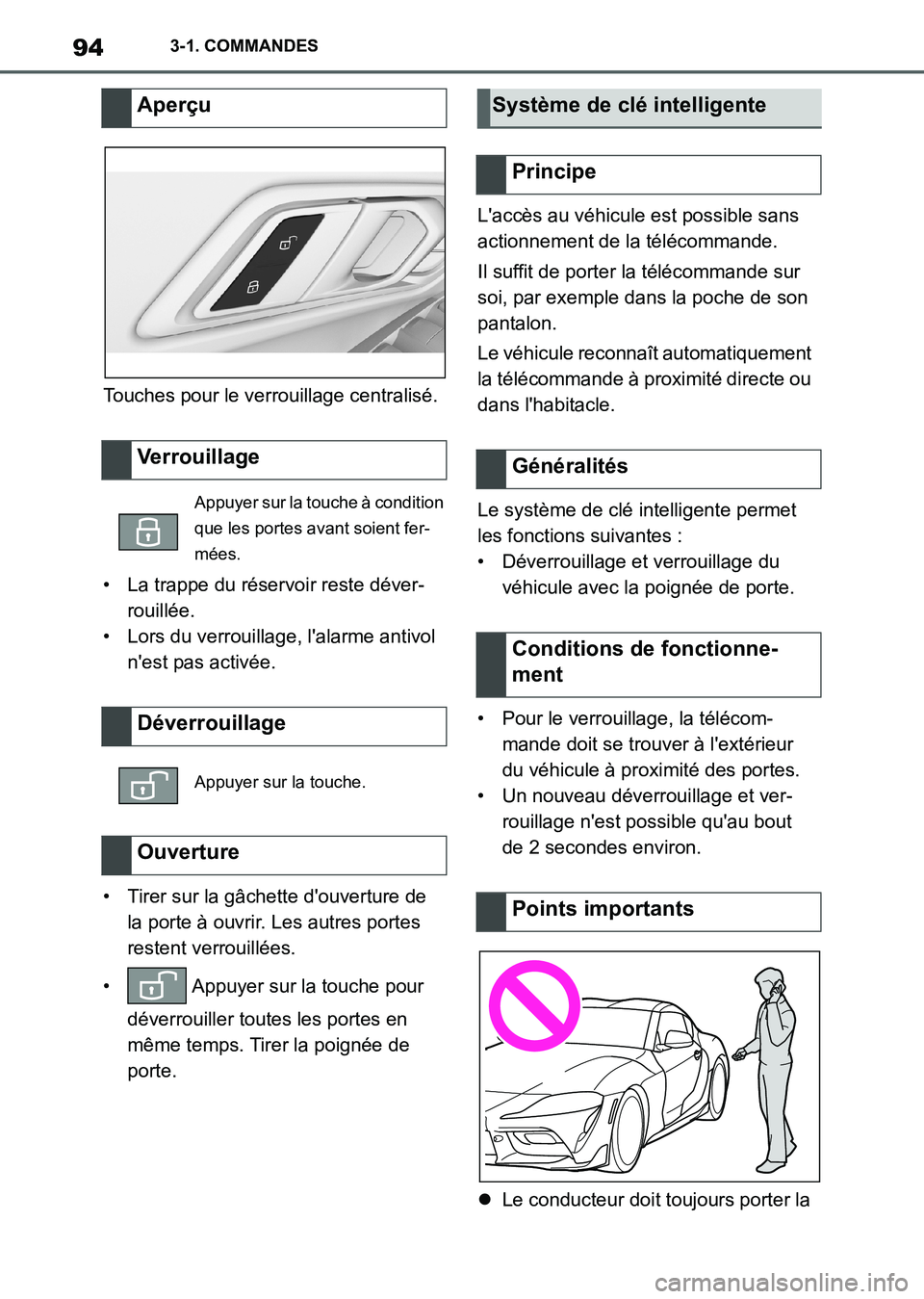 TOYOTA SUPRA 2021 Notices Demploi (in French) 943-1. COMMANDES
Supra Owners Manual_K (from Nov. 20 Prod.)Touches pour le verrouillage centralisé.
• La trappe du réservoir reste déver-
rouillée.
• Lors du verrouillage, lalarme antivol
TOYOTA SUPRA 2021 Notices Demploi (in French) 943-1. COMMANDES
Supra Owners Manual_K (from Nov. 20 Prod.)Touches pour le verrouillage centralisé.
• La trappe du réservoir reste déver-
rouillée.
• Lors du verrouillage, lalarme antivol