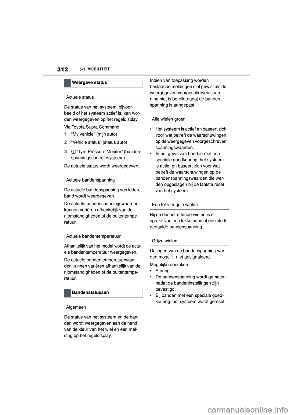 TOYOTA SUPRA 2021  Instructieboekje (in Dutch) 3125-1. MOBILITEIT
Handleiding Supra_NL (vanaf productiedatum nov. 2020)
De status van het systeem, bijvoor-
beeld of het systeem  actief is, kan wor-
den weergegeven op het regeldisplay.
Via Toyota S