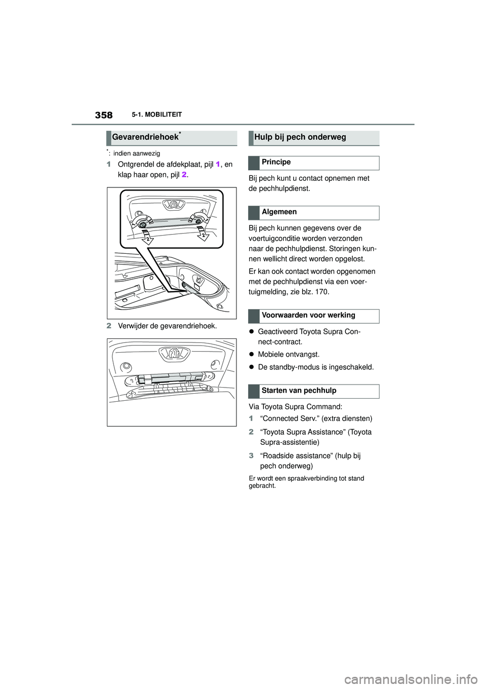 TOYOTA SUPRA 2021  Instructieboekje (in Dutch) 3585-1. MOBILITEIT
Handleiding Supra_NL (vanaf productiedatum nov. 2020)
*: indien aanwezig
1 Ontgrendel de afdekplaat, pijl  1, en 
klap haar open, pijl  2.
2 Verwijder de gevarendriehoek. Bij pech k