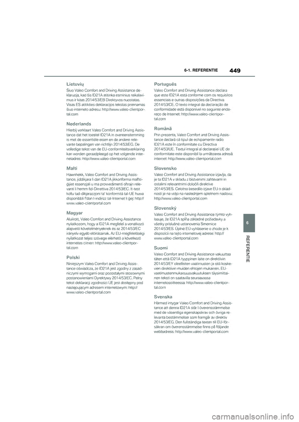 TOYOTA SUPRA 2021  Instructieboekje (in Dutch) 449
6
6-1. REFERENTIE
REFERENTIE
Handleiding Supra_NL (vanaf productiedatum nov. 2020)
Supra_OM_General_OM99X84E_1_2011.book  Page 449  Thursday, October 8, 2020  9:53 AM 