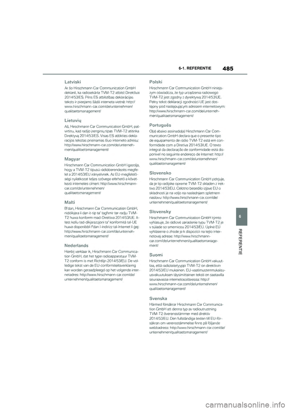 TOYOTA SUPRA 2021  Instructieboekje (in Dutch) 485
6
6-1. REFERENTIE
REFERENTIE
Handleiding Supra_NL (vanaf productiedatum nov. 2020)
Supra_OM_General_OM99X84E_1_2011.book  Page 485  Thursday, October 8, 2020  9:53 AM 