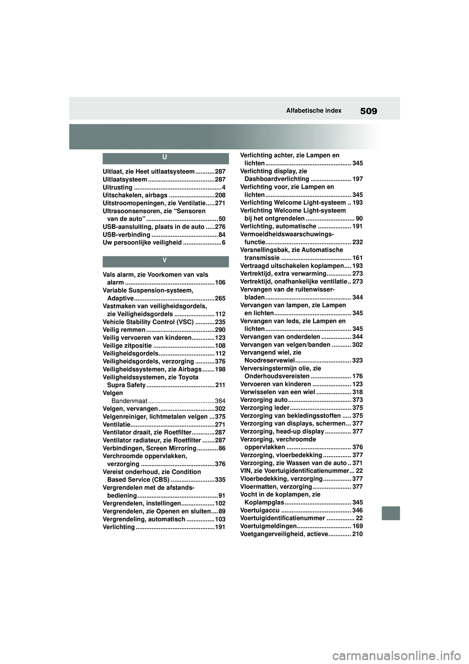 TOYOTA SUPRA 2021  Instructieboekje (in Dutch) 509Alfabetische index
Handleiding Supra_NL (vanaf productiedatum nov. 2020)
U
Uitlaat, zie Heet uitlaatsysteem ........... 287
Uitlaatsysteem ...................................... 287
Uitrusting ....